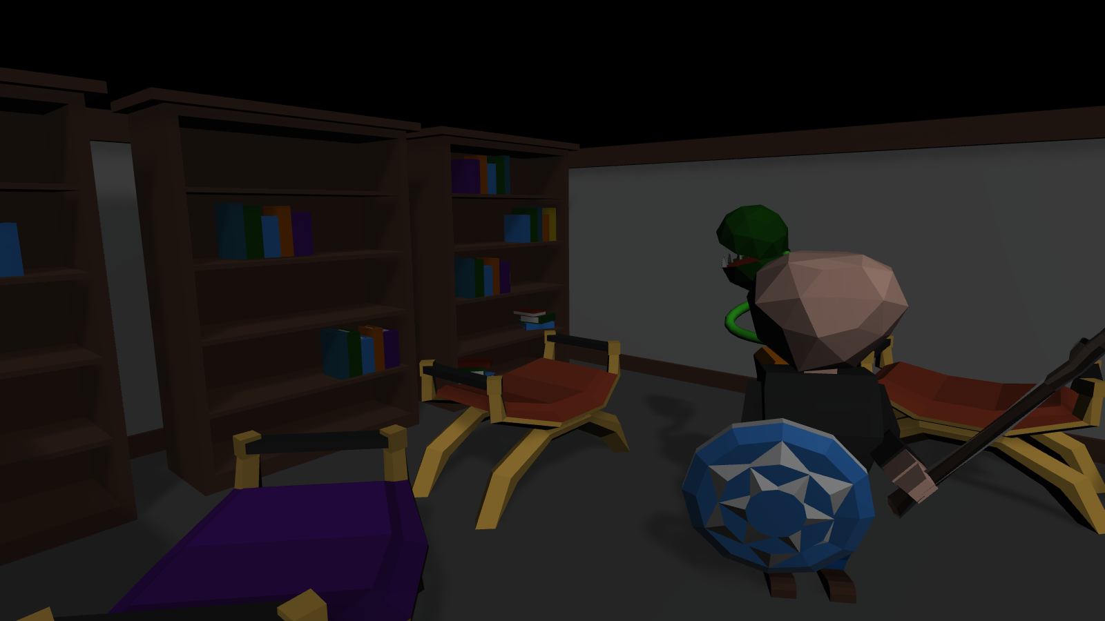 Low-poly screenshot from the game 'Keep Plant Alive' shows a faceless man standing in a room alongside tall bookshelves and plush chairs. He wields a stick and an ornate shield; he totes a fanged, flytrap-like plant on his back.