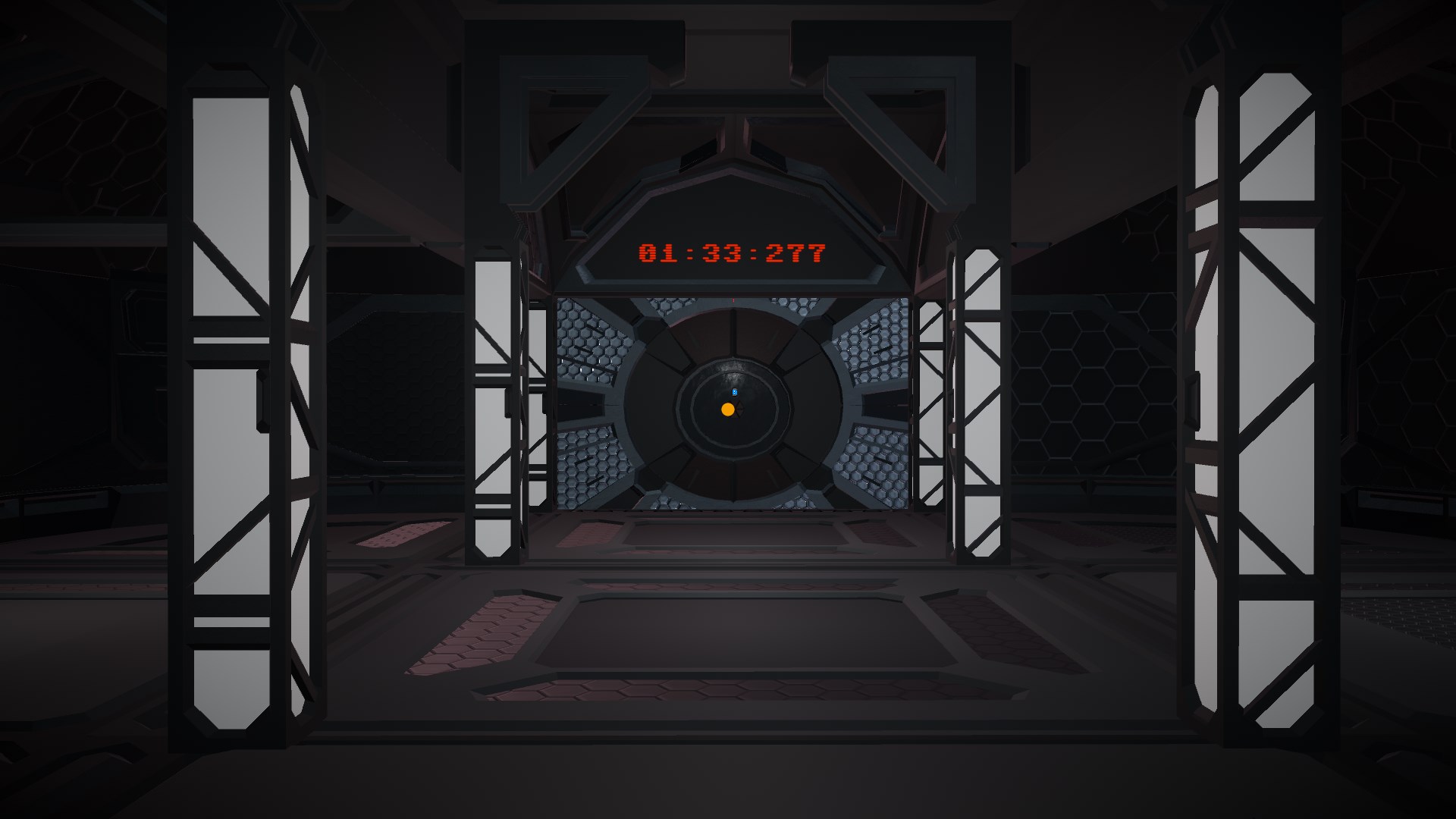 Screenshot from the game 'Entamaphobia' of a metal paneled room with a spaceship airlock door. Above the airlock is a large digital clock readout counting down from 1 minute and 33 seconds.