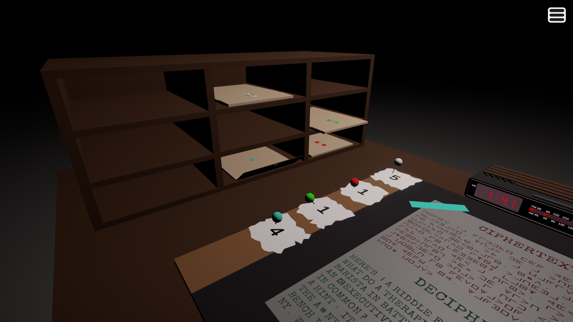 Screenshot of a writing desk from the game 'Dear Penpal'. On the desk is a mail sorter with several envelopes, as well as a piece of paper with an encrypted message at the top, and the partially decrypted version of that message below it.