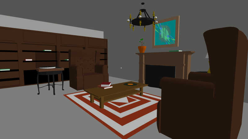 Screenshot from the game 'The Rewind' of a low-poly, 1970s styled sitting room with a record player and a fireplace.